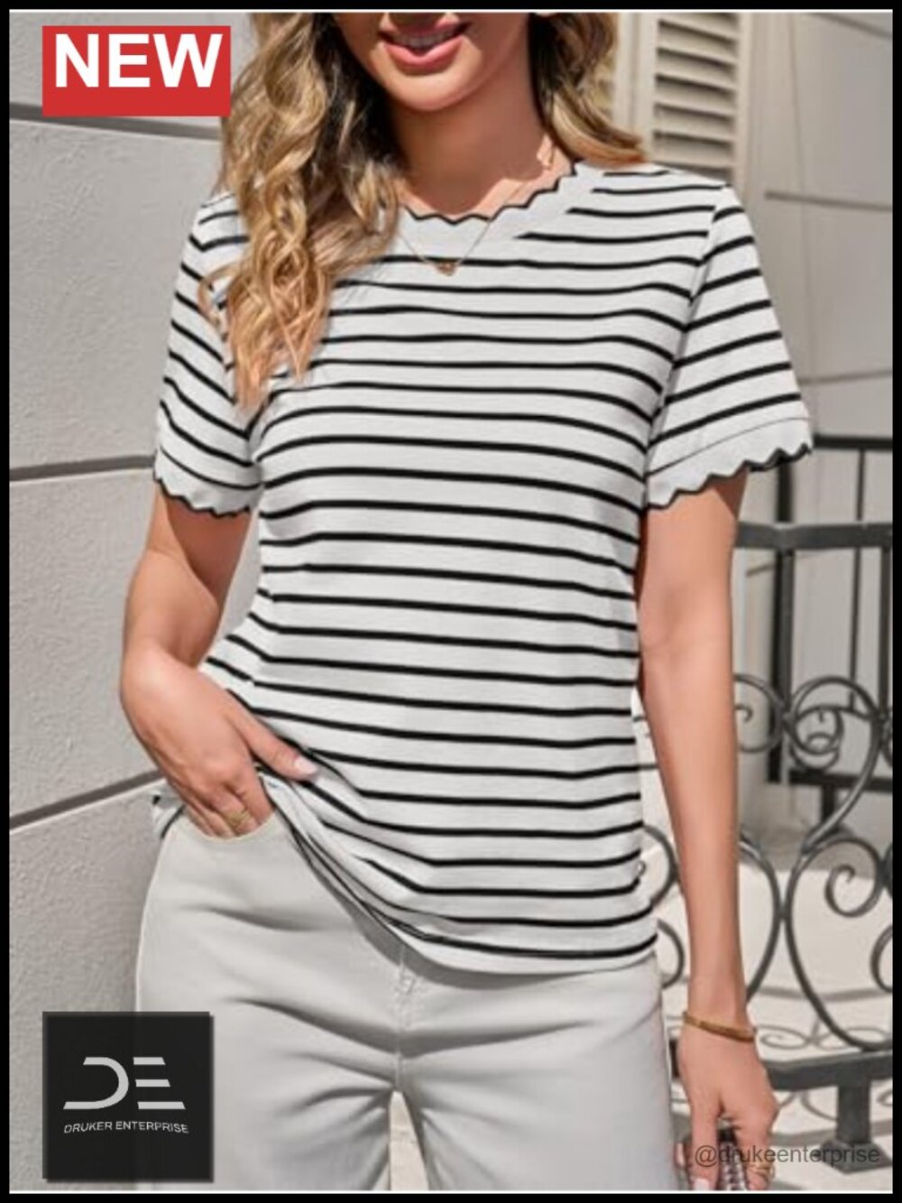 Striped Scalloped Trim Crew Neck Loose Fit Cotton Tee - Picture 5 of 6
